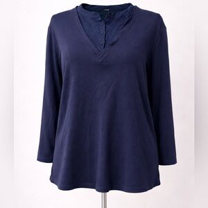 Lauren Ralph Lauren Navy Layered Henley V-Neck Top| 100% Cotton